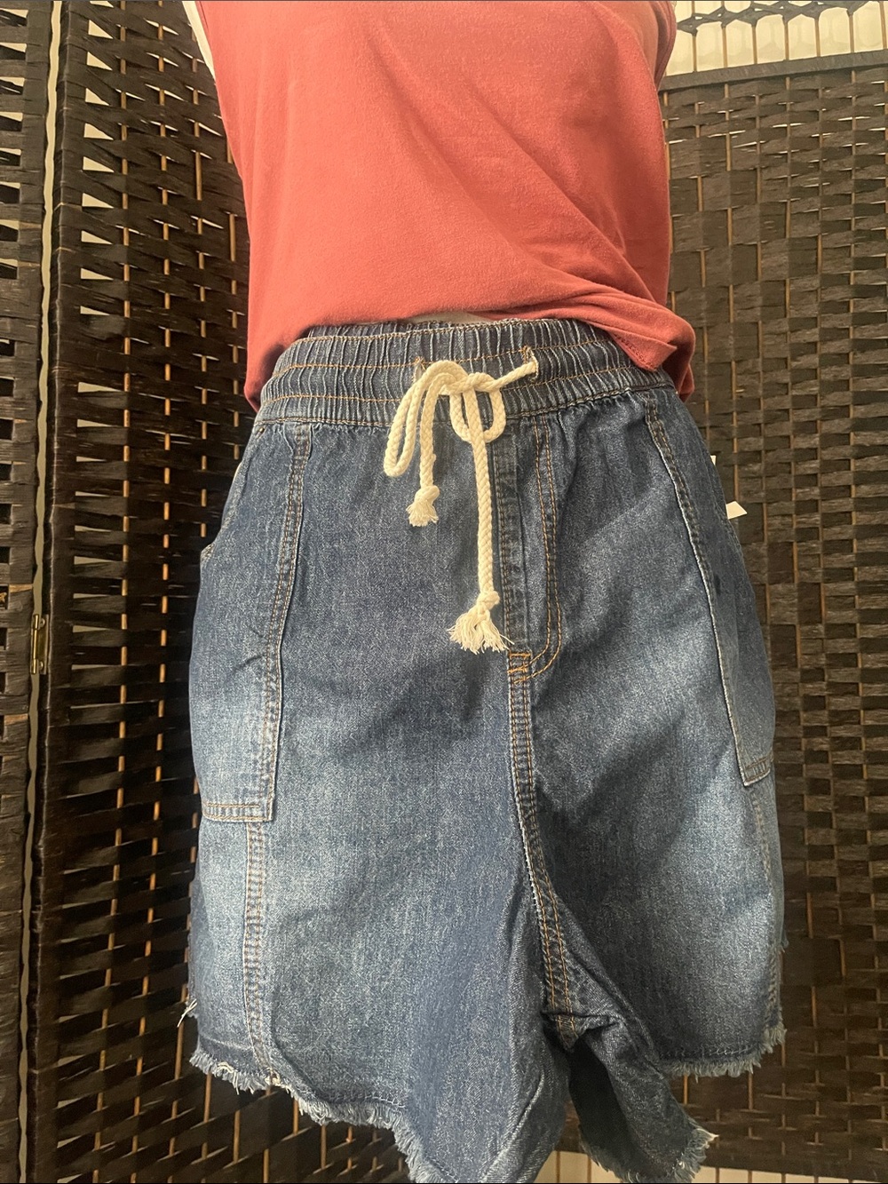 Denim Drawstring Shorts- Blue - Picture 6 of 10